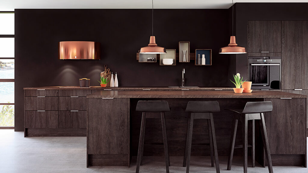 RørosHetta Orion kjøkkenhette i mørkt kjøkkenmiljø